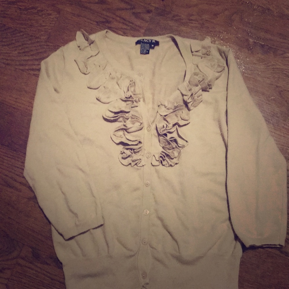 Tan button up cardigan with ruffle detail